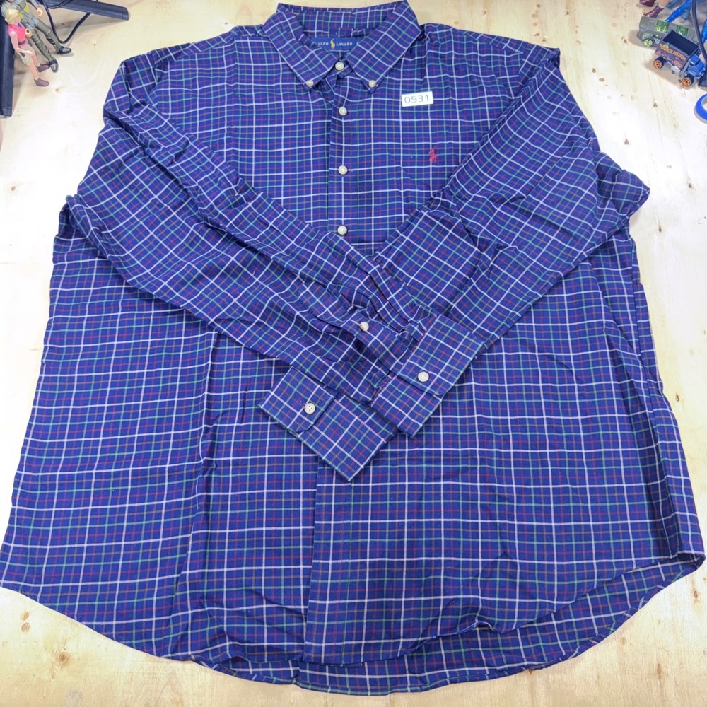 Ralph Lauren Mens XXL Blue Plaid Button Down Shirt Long Sleeve Red Pony